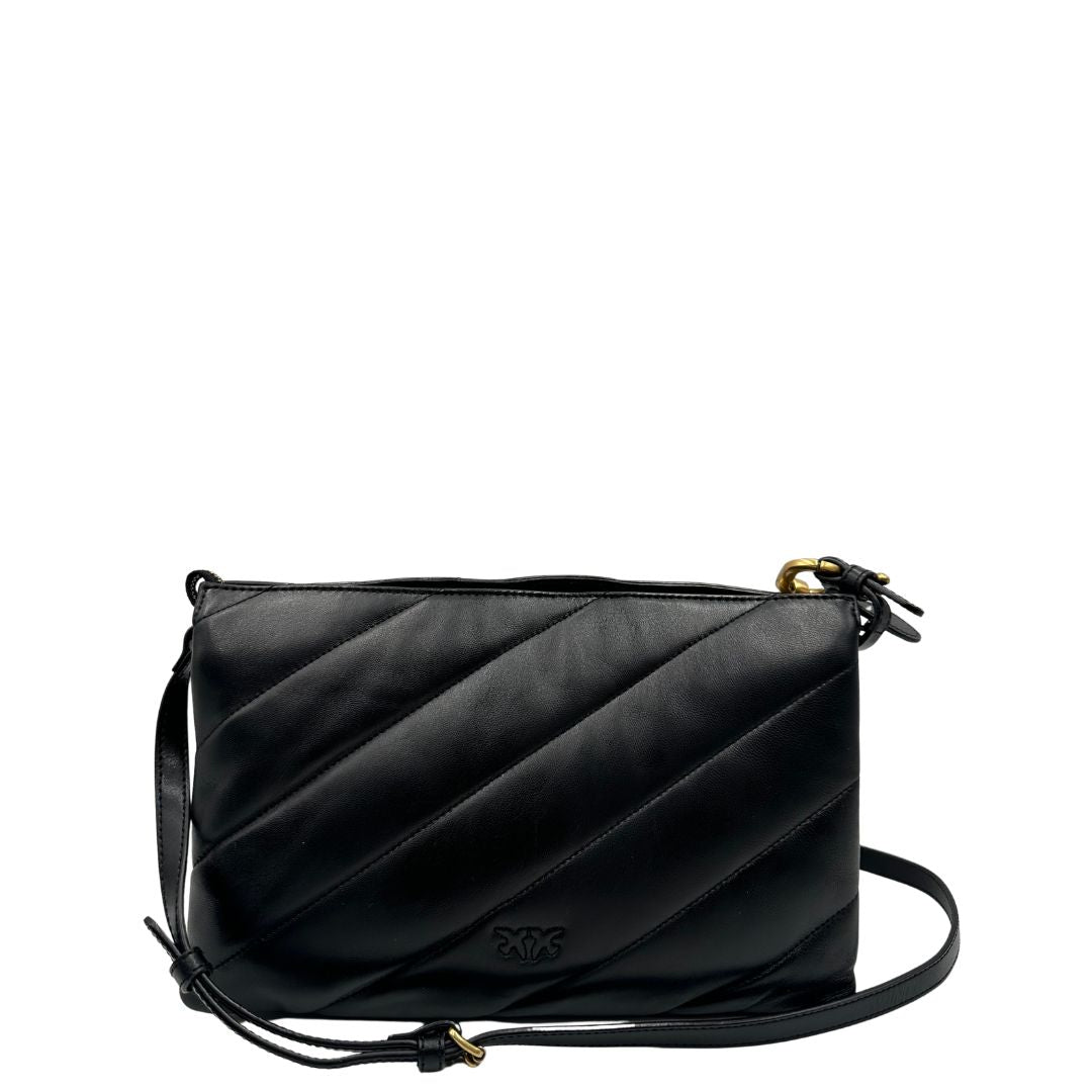 retro  Borsa Pinko in pelle nera, indossabile a tracolla, di lusso, originale, ottime condizioni, usata. 