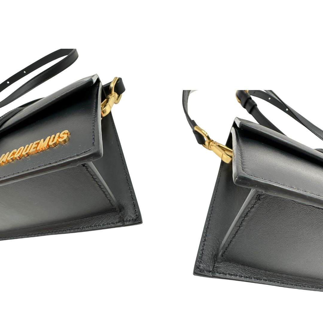 angoli Borsa Jacquemus nella versione Le Grand Bambino in pelle nera, di lusso, originale, eccellenti condizioni, usata. 