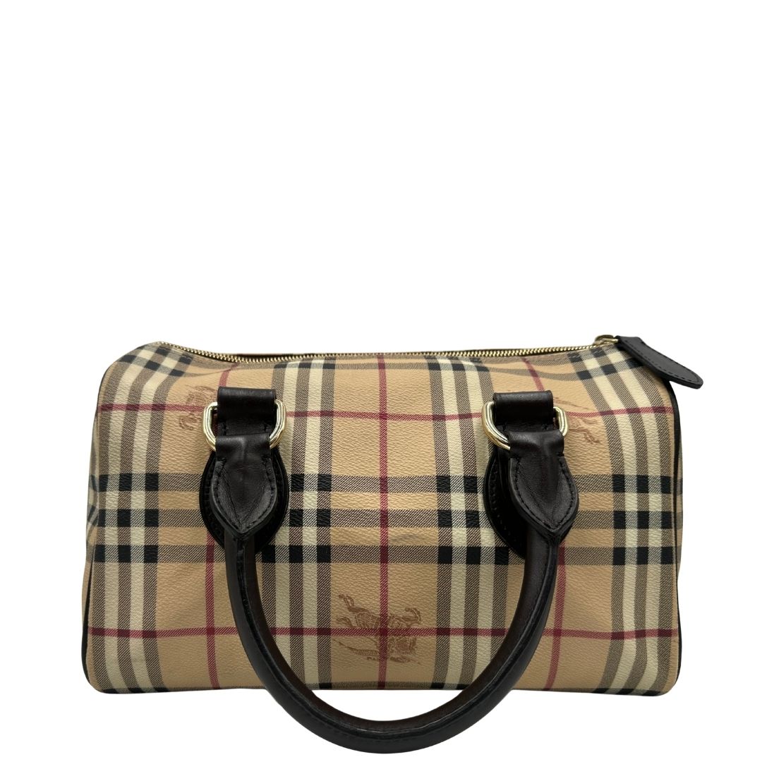 Retro di un bauletto Burberry in canvas tartan e finiture in pelle testa di moro, usato, originale, second hand, in ottime condizioni. 