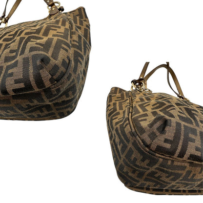 angoli Shopper Fendi in tessuto trama Zucca e finiture in pelle color bronzo, di lusso, originale, ottime condizioni, usata. 