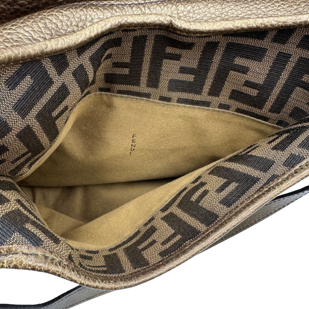 interno Shopper Fendi in tessuto trama Zucca e finiture in pelle color bronzo, di lusso, originale, ottime condizioni, usata.