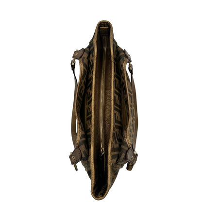 chiusura Shopper Fendi in tessuto trama Zucca e finiture in pelle color bronzo, di lusso, originale, ottime condizioni, usata. 