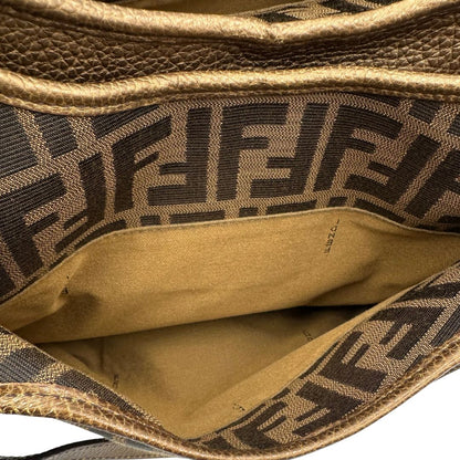 interno Shopper Fendi in tessuto trama Zucca e finiture in pelle color bronzo, di lusso, originale, ottime condizioni, usata.