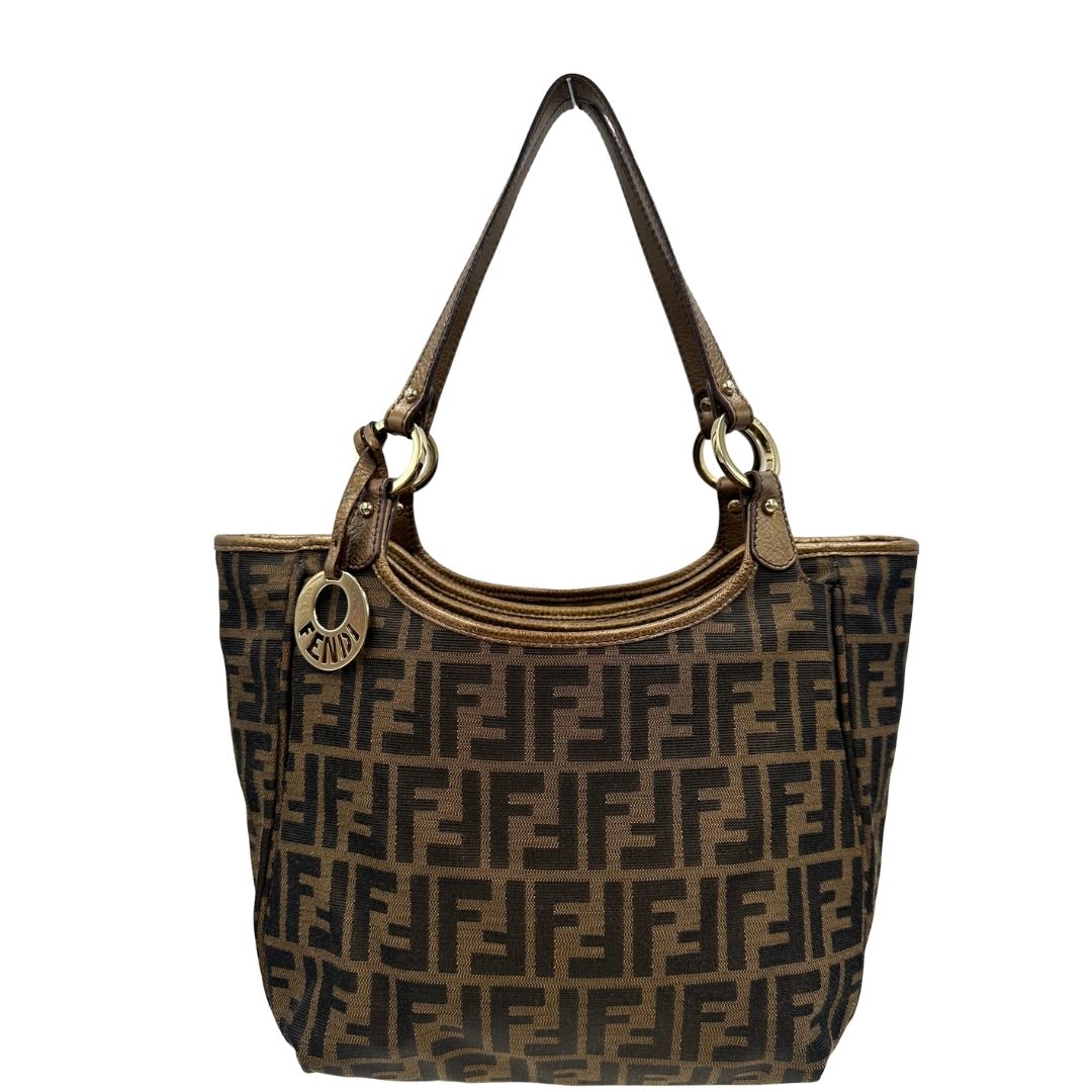 front Shopper Fendi in tessuto trama Zucca e finiture in pelle color bronzo, di lusso, originale, ottime condizioni, usata. 