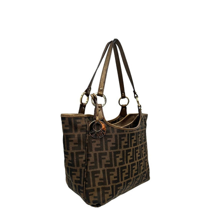 lato Shopper Fendi in tessuto trama Zucca e finiture in pelle color bronzo, di lusso, originale, ottime condizioni, usata. 
