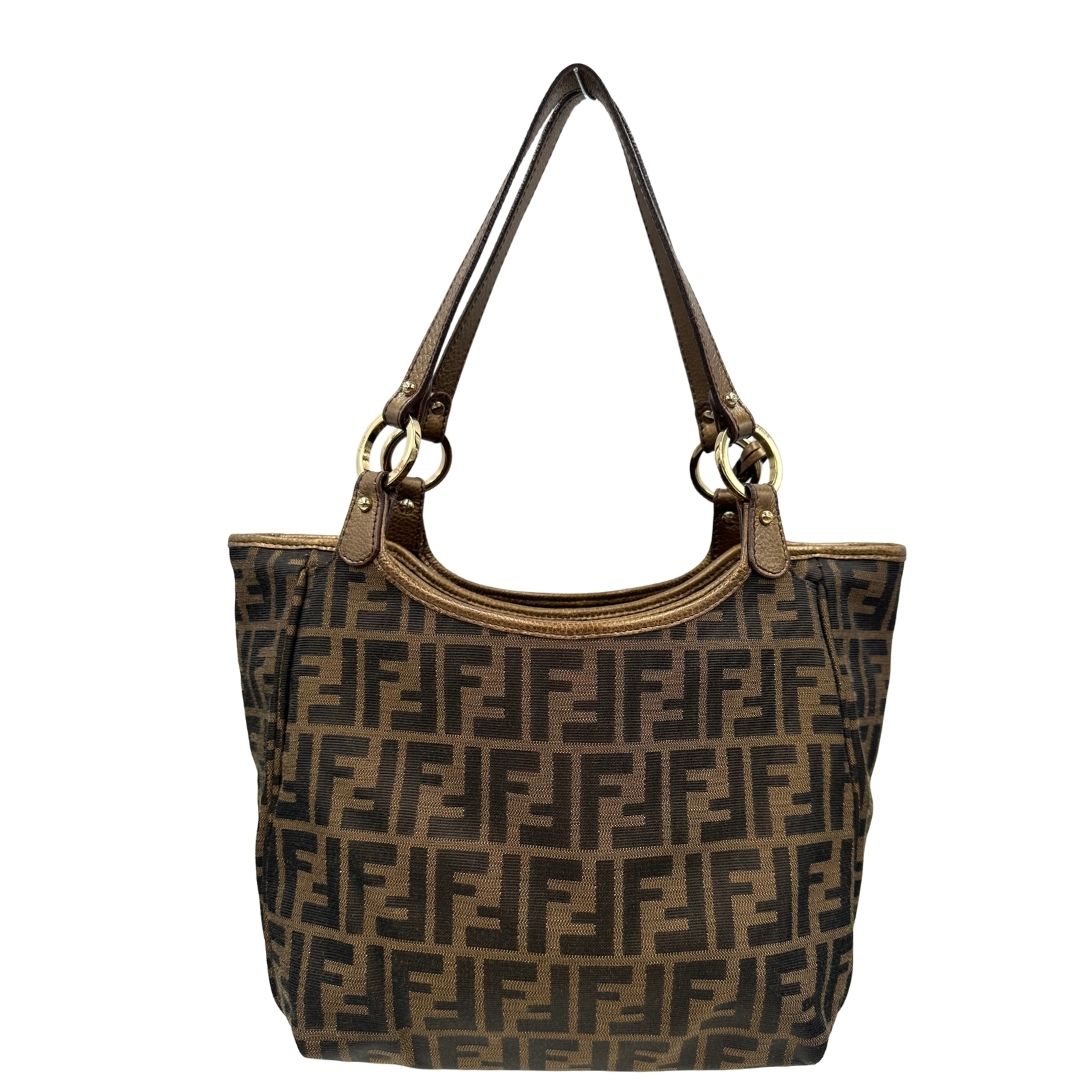 retro Shopper Fendi in tessuto trama Zucca e finiture in pelle color bronzo, di lusso, originale, ottime condizioni, usata. 