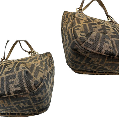 angoli Shopper Fendi in tessuto trama Zucca e finiture in pelle color bronzo, di lusso, originale, ottime condizioni, usata. 