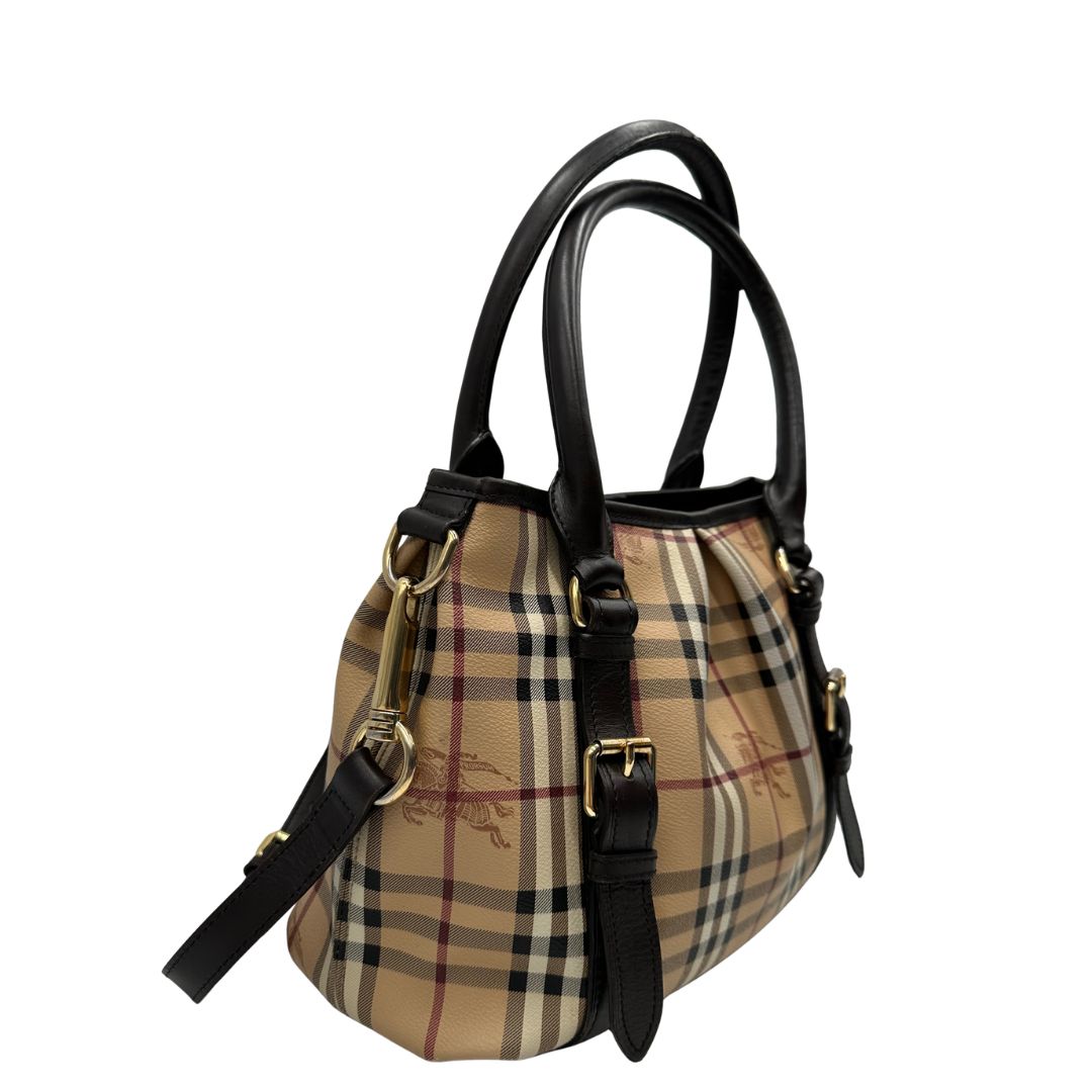 lato Shopper Burberry in canvas tartan beige e finiture in pelle marroni, di lusso, originale, ottime condizioni, usata. 