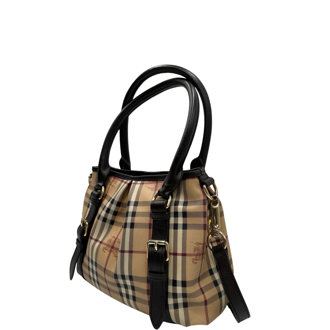 lato Shopper Burberry in canvas tartan beige e finiture in pelle marroni, di lusso, originale, ottime condizioni, usata. 