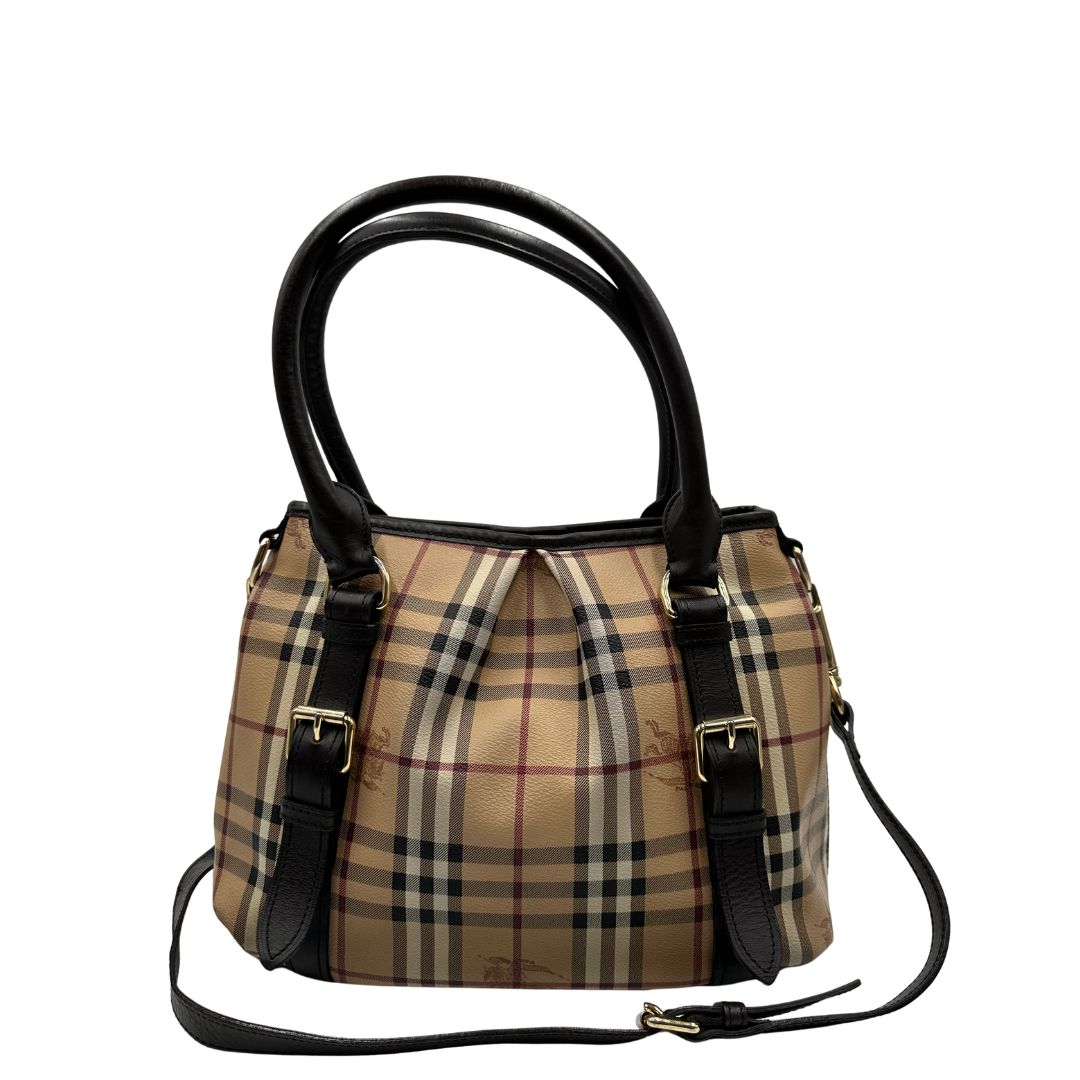 retro Shopper Burberry in canvas tartan beige e finiture in pelle marroni, di lusso, originale, ottime condizioni, usata. 