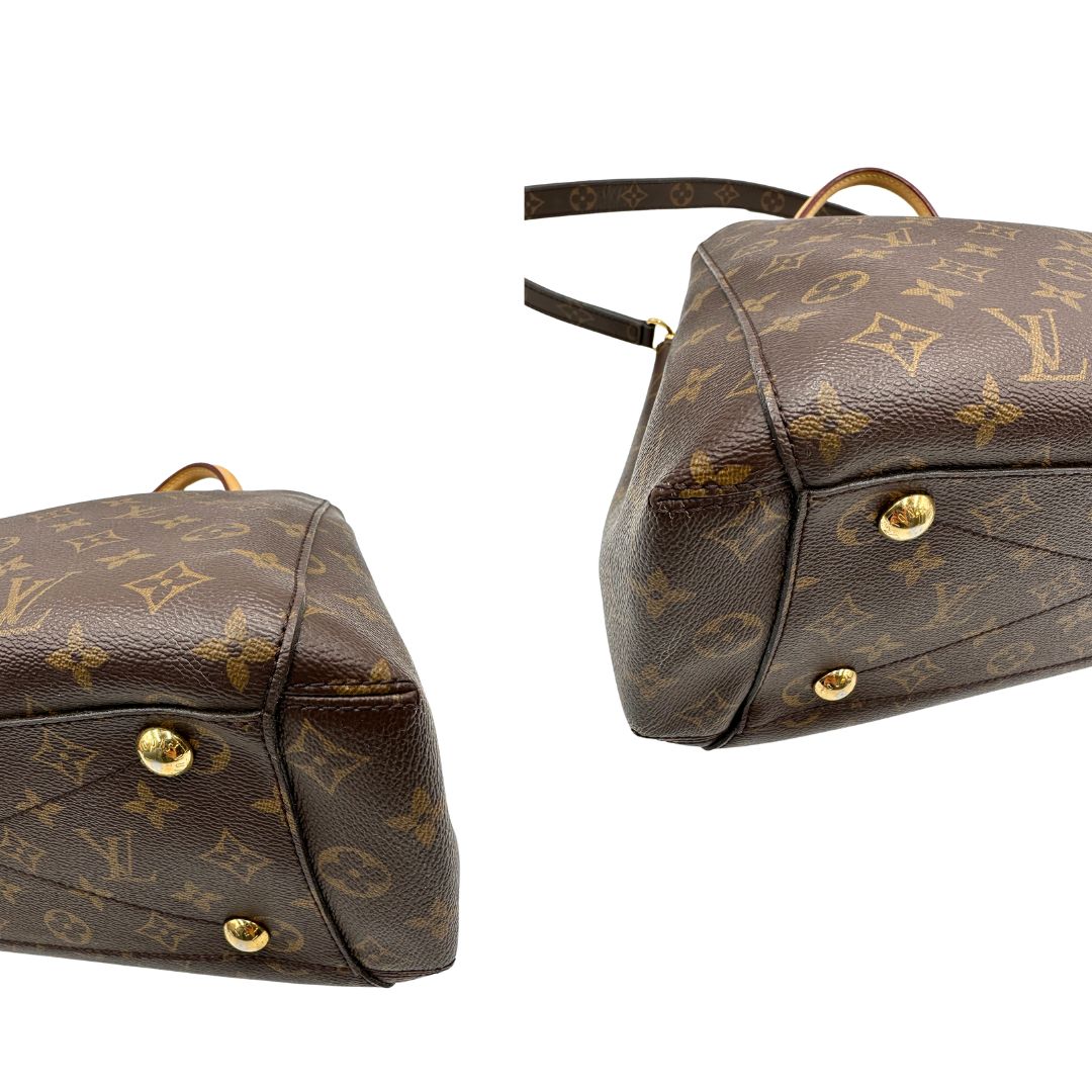 Angoli, Borsa Louis Vuitton Montaigne nella versione media in canvas marrone e hardware dorato, indossabile a mano oppure a spalla. Originale, usata, di lusso, in ottime condizioni.