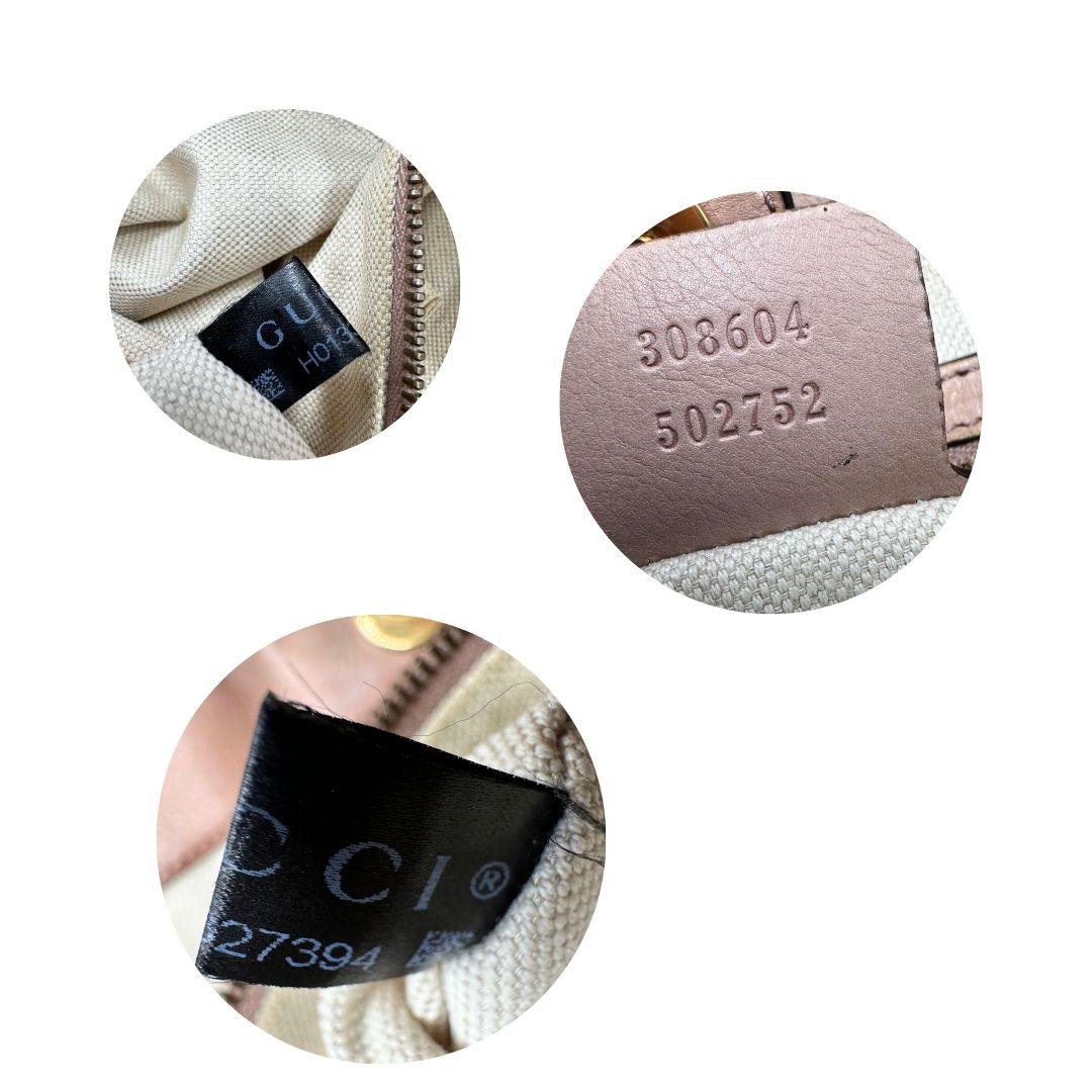 Codice, Shopper Gucci in tessuto beige GG con finiture in pelle rosa. Indossabile a spalla. Originale, usata, di lusso, in ottime condizioni.