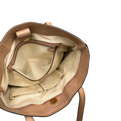 Interno tasca, Shopper Gucci in tessuto beige GG con finiture in pelle rosa. Indossabile a spalla. Originale, usata, di lusso, in ottime condizioni.