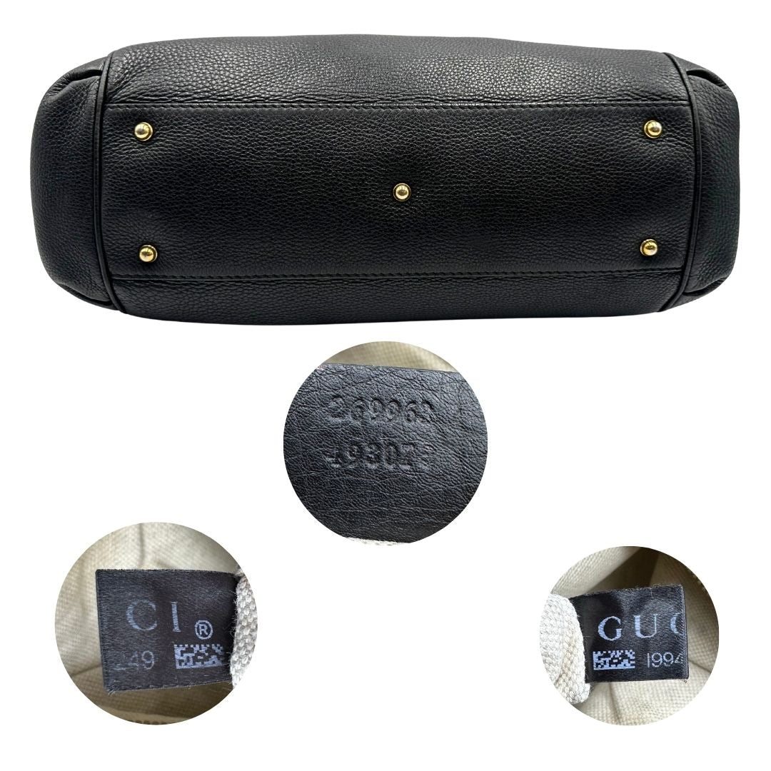 Base, Borsa Gucci in pelle nera con hardware dorato, indossabile a spalla oppure a tracolla. Originale, usata, di lusso, in ottime condizioni.
