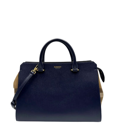 front Borsa Burberry in pelle blu e profili in tessuto trama tartan, di lusso, originale, ottime condizioni, usata. 