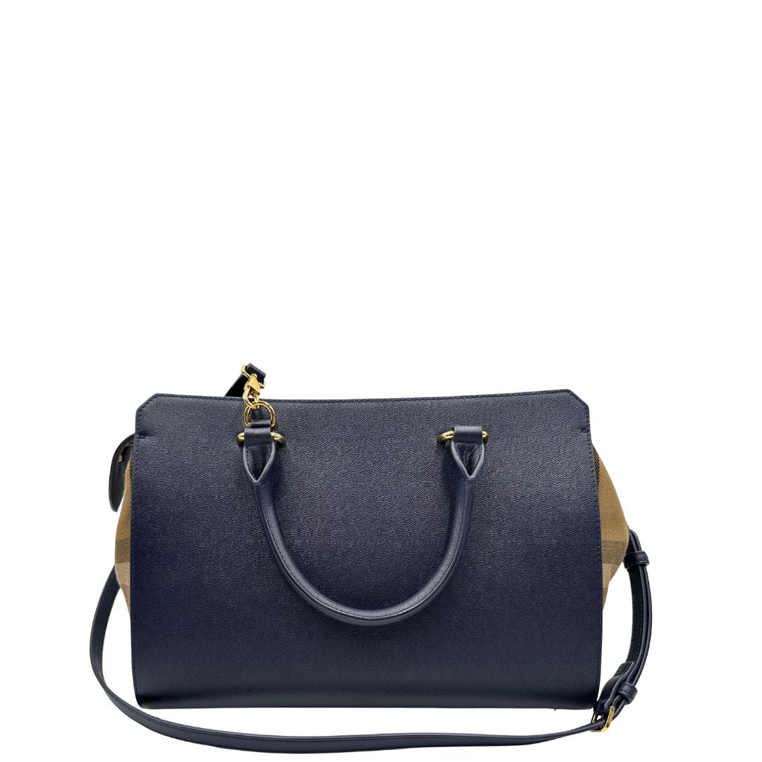 retro Borsa Burberry in pelle blu e profili in tessuto trama tartan, di lusso, originale, ottime condizioni, usata. 