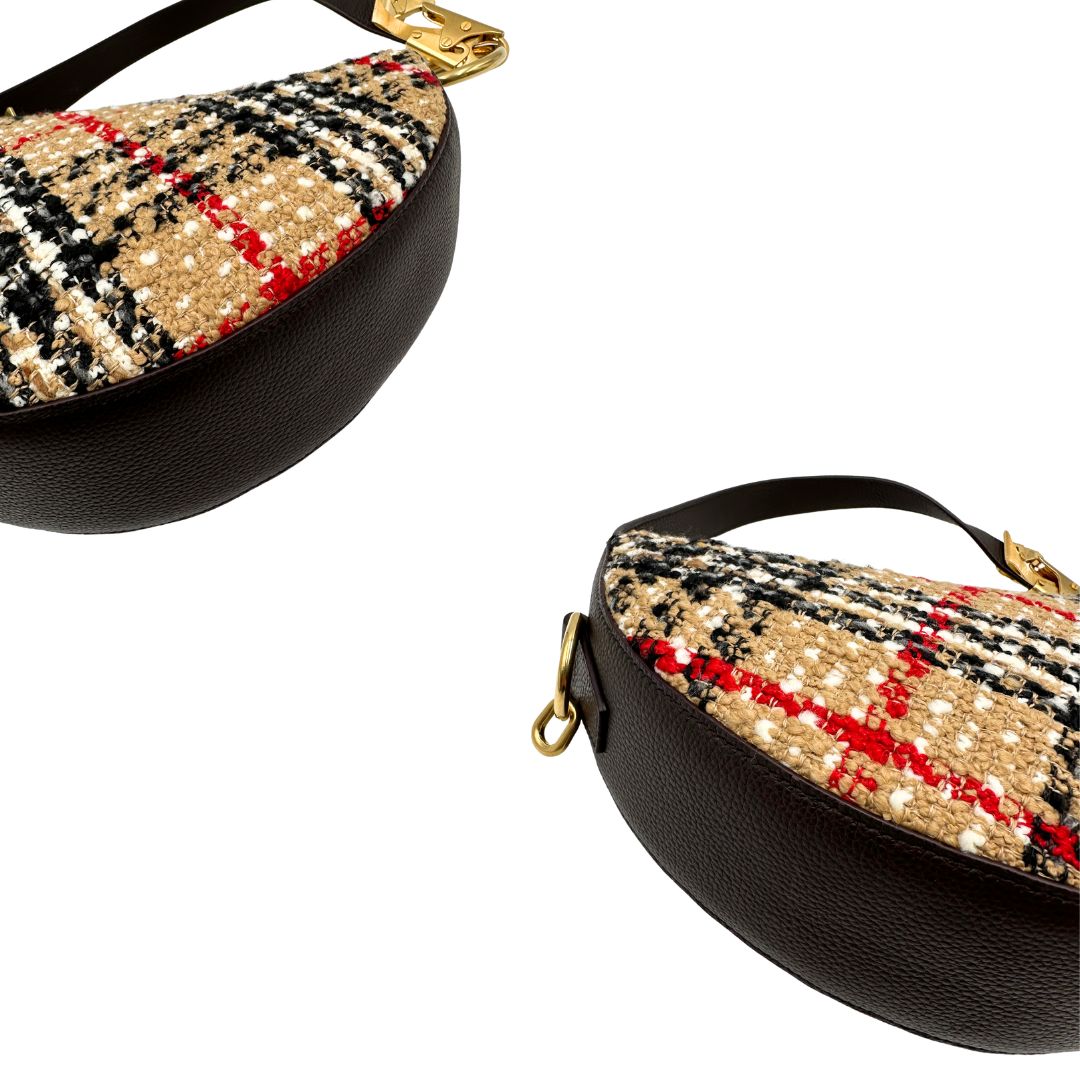 angoli Borsa Burberry in tessuto bouclè check e finiture in pelle testa di moro, di lusso, originale, eccellenti condizioni, usata 