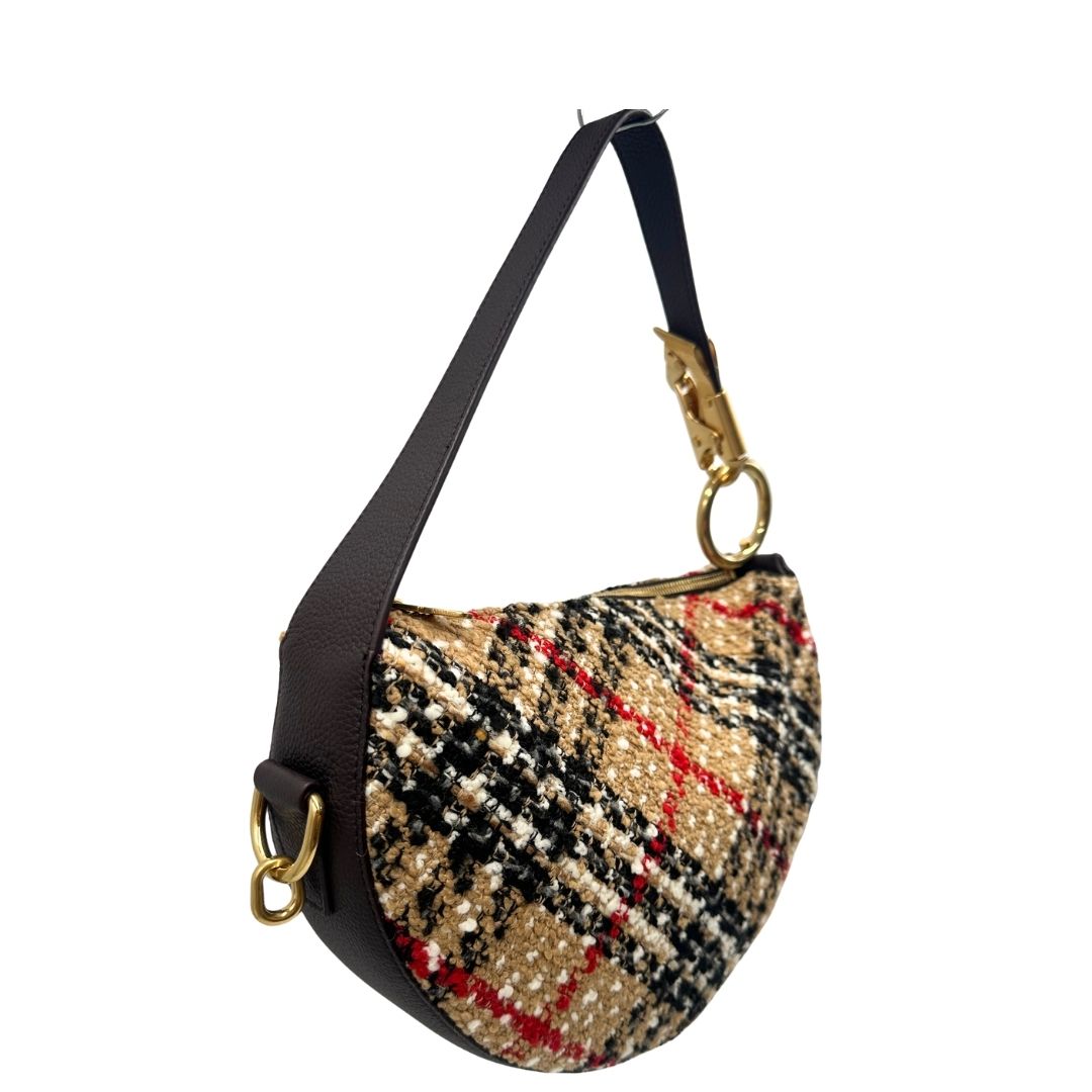 lato Borsa Burberry in tessuto bouclè check e finiture in pelle testa di moro, di lusso, originale, eccellenti condizioni, usata 