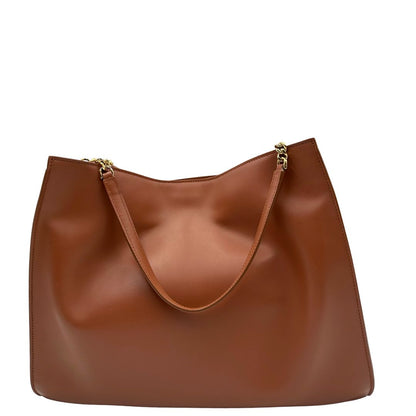 Retro, Borsa Tote Salvatore Ferragamo in pelle marrone cognac e manici in pelle con inserti in catena, hardware dorato. Indossabile a spalla.