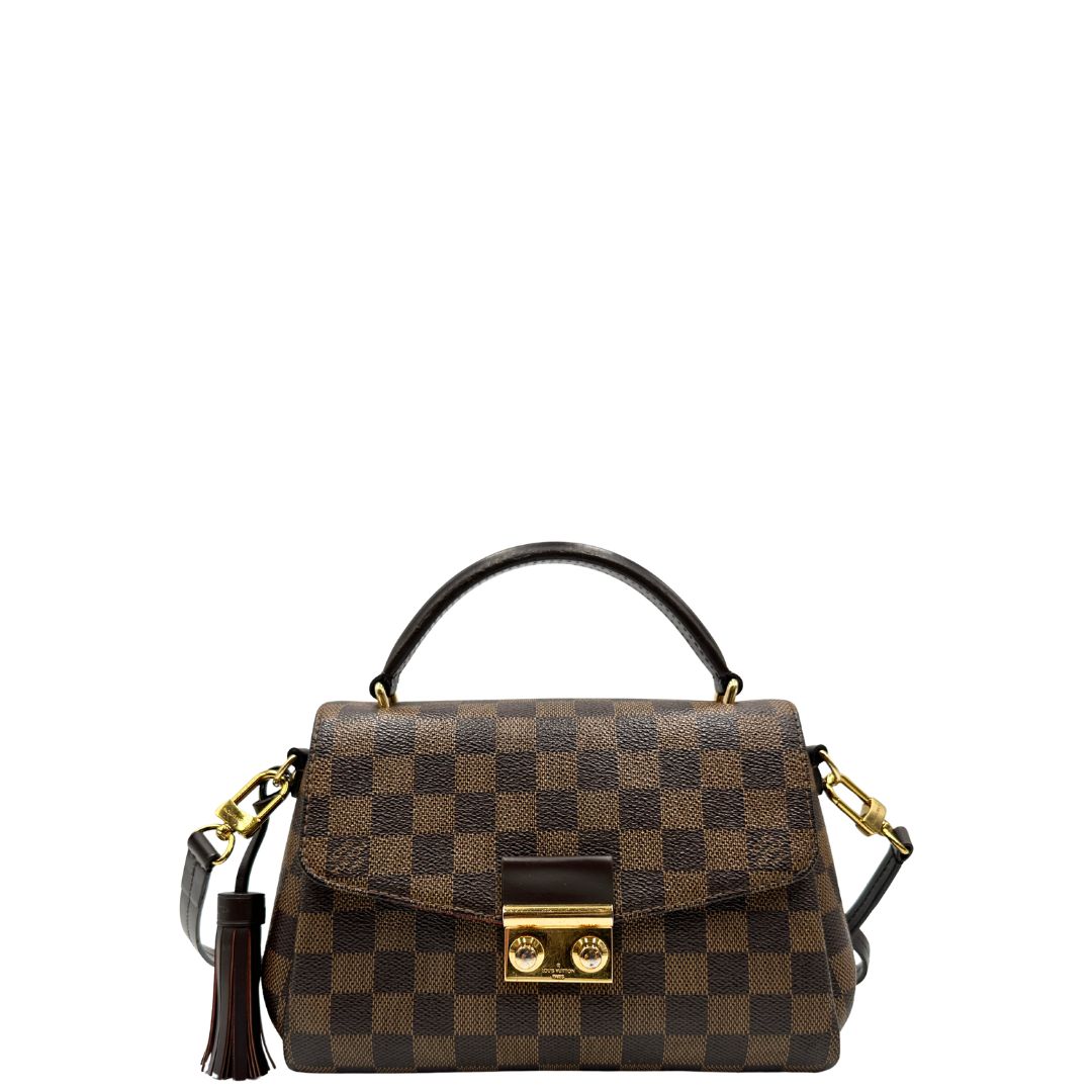 front Borsa LV in canvas Damier Ébène impreziosita da nappa decorativa amovibile, di lusso, originale, usata. 