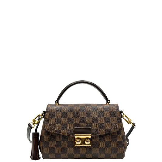 front Borsa LV in canvas Damier Ébène impreziosita da nappa decorativa amovibile, di lusso, originale, usata. 