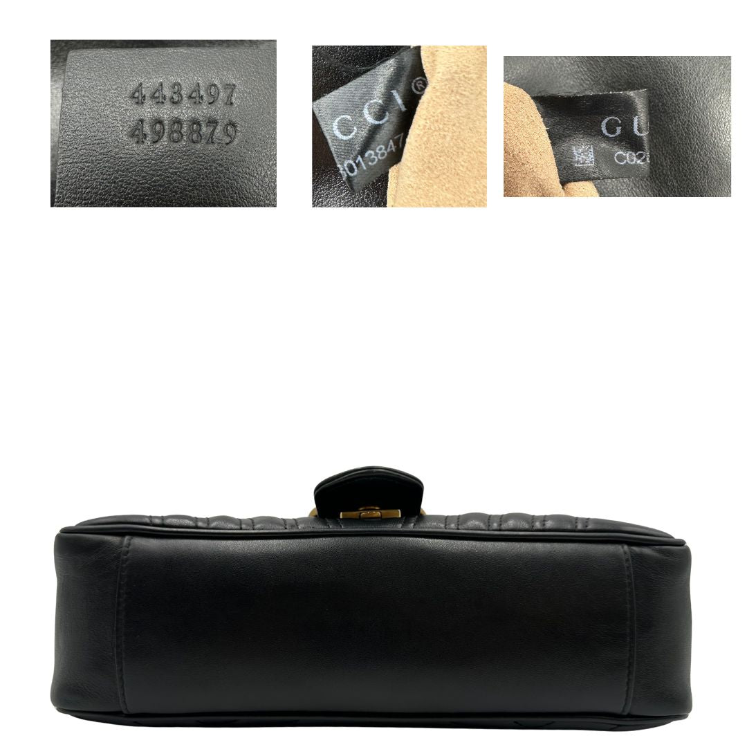 Base e codice, Borsa Gucci Marmont nera in pelle con motivo chevron nella misura media. Indossabile a tracolla oppure a spalla. Originale, usata, di lusso, in ottime condizioni. 443497 498879