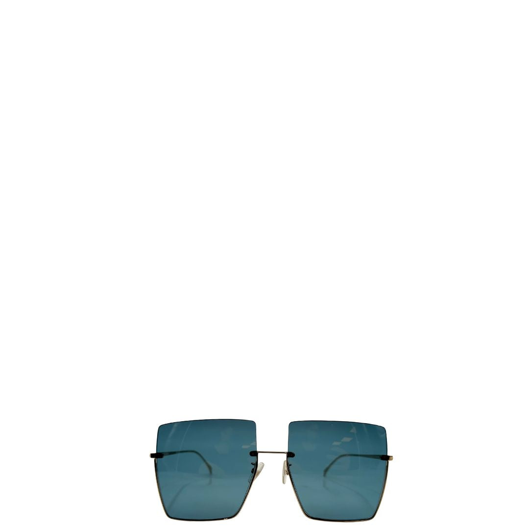 Occhiali Fendi con lenti oversize azzurre e aste dorate, di lusso, originali, ottime condizioni, usati.