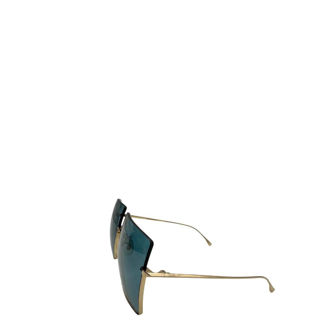 Occhiali Fendi con lenti oversize azzurre e aste dorate, di lusso, originali, ottime condizioni, usati.