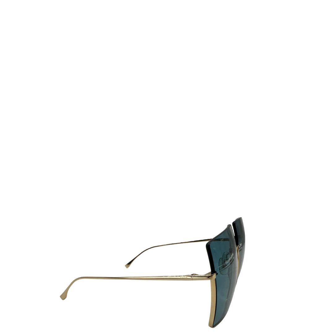 Occhiali Fendi con lenti oversize azzurre e aste dorate, di lusso, originali, ottime condizioni, usati.