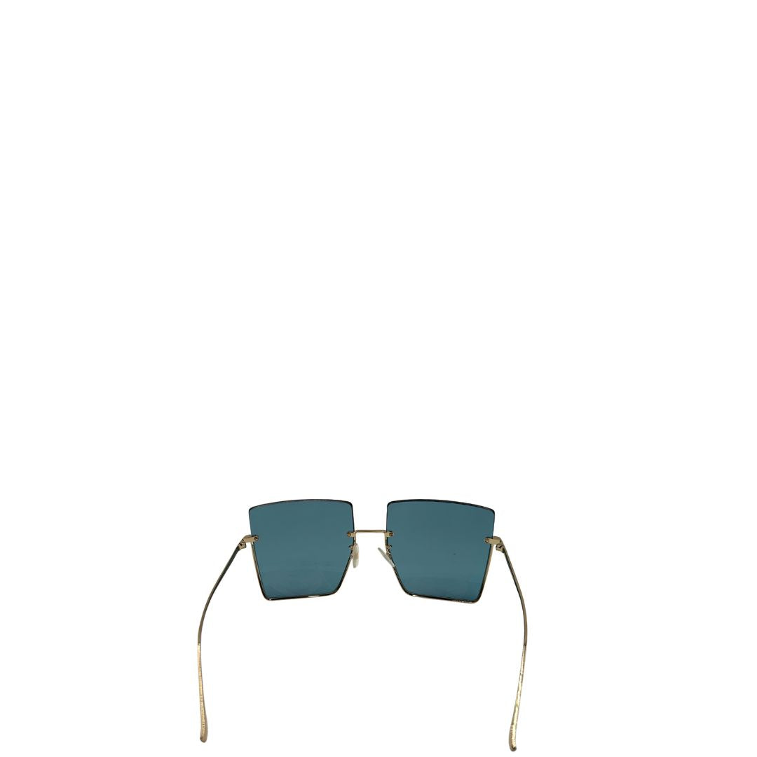 Occhiali Fendi con lenti oversize azzurre e aste dorate, di lusso, originali, ottime condizioni, usati.