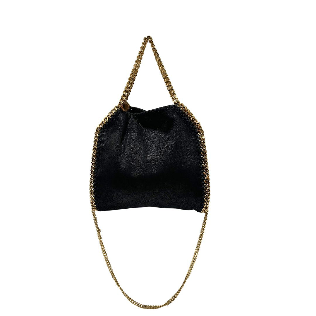 front  Borsa Falabella nera con hardware dorato, nella versione mini, di lusso, originale, ottime condizioni, usata.