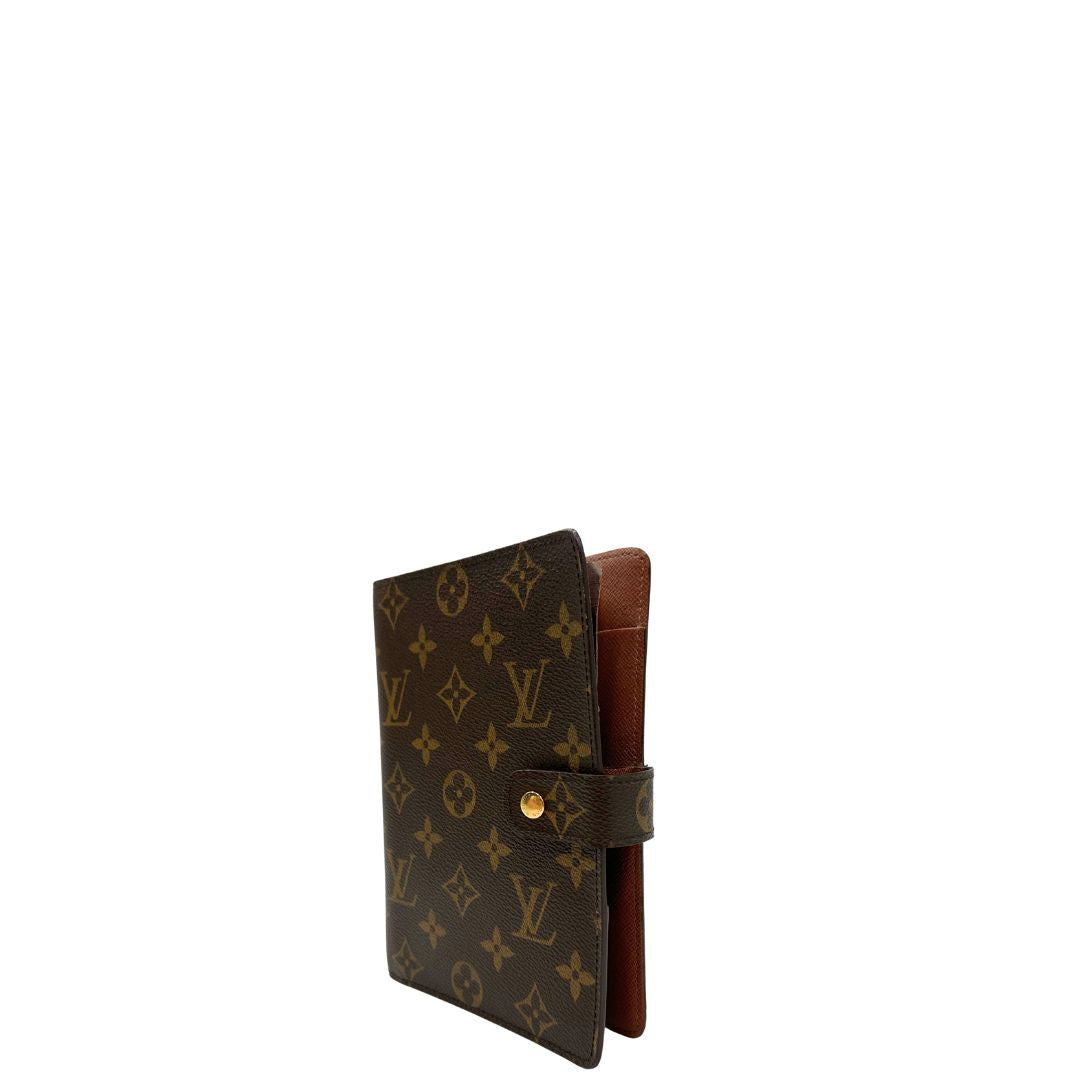 Louis Vuitton Copertina in tela Monogram per agenda media con chiusura a pressione, di lusso, originale, ottime condizioni, usata.