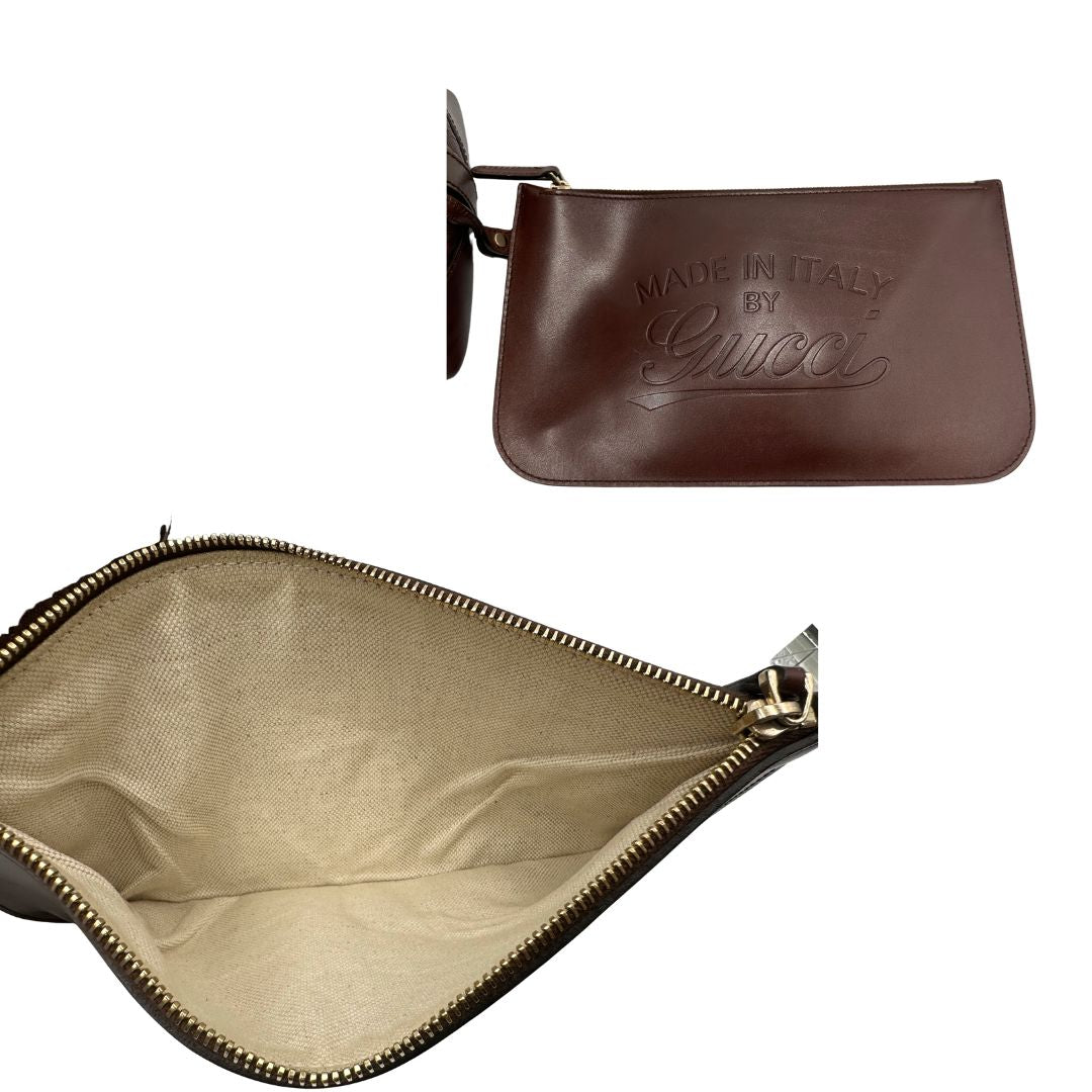 Pochette, Borsa Tote Gucci in pelle marrone cioccolato e hardware dorato, indossabile a spalla. Originale, usata, di lusso, in ottime condizioni.