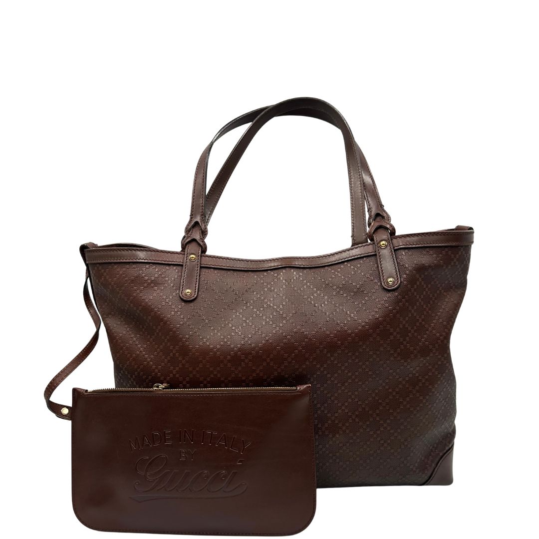 Front, Borsa Tote Gucci in pelle marrone cioccolato e hardware dorato, indossabile a spalla. Originale, usata, di lusso, in ottime condizioni.