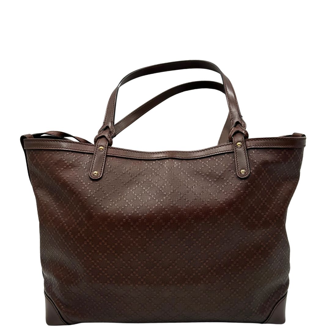 Front, Borsa Tote Gucci in pelle marrone cioccolato e hardware dorato, indossabile a spalla. Originale, usata, di lusso, in ottime condizioni.