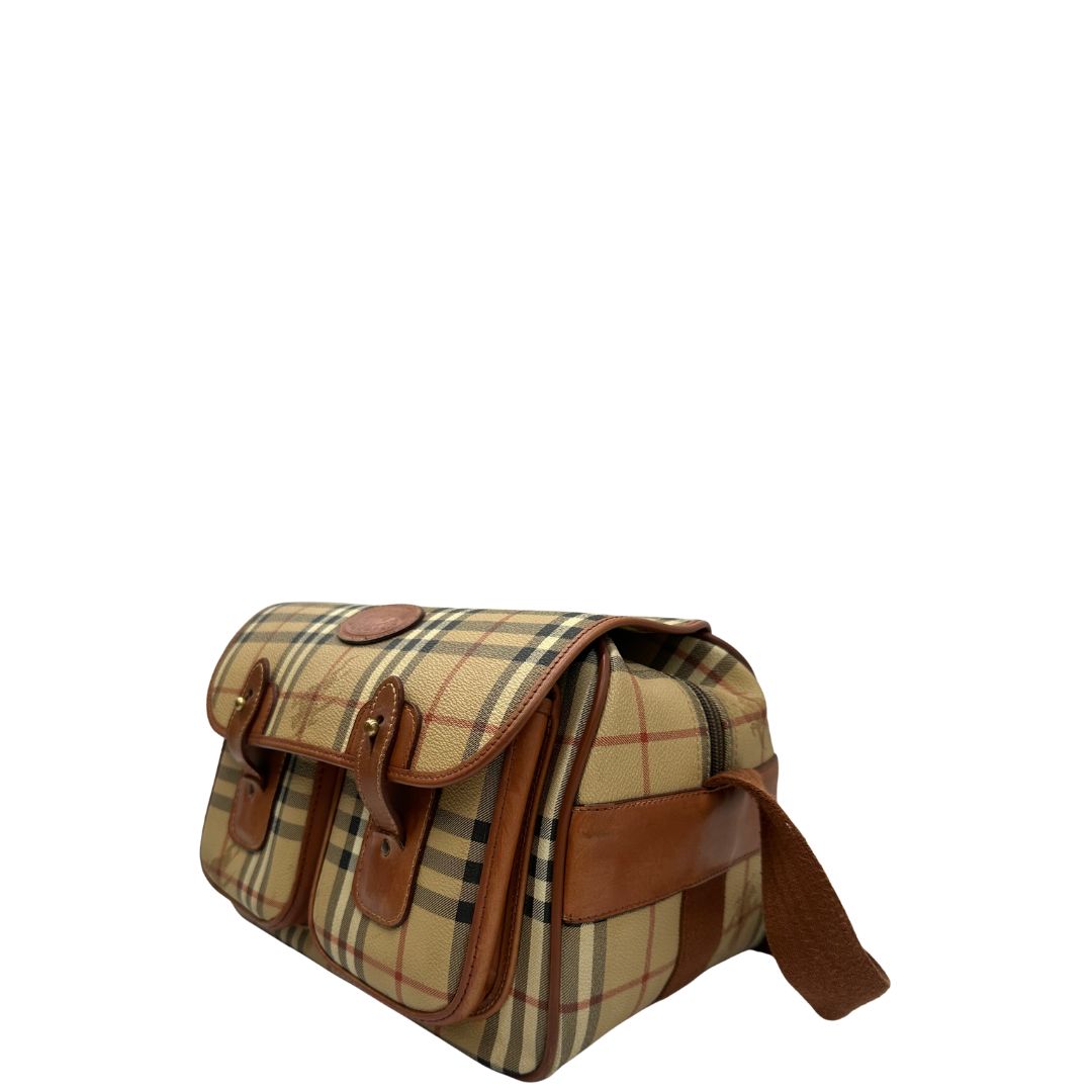 Laterale, Cartella Burberry in canvas trama tartan con finiture in pelle marroni. Originale, usata, di lusso, in ottime condizioni.