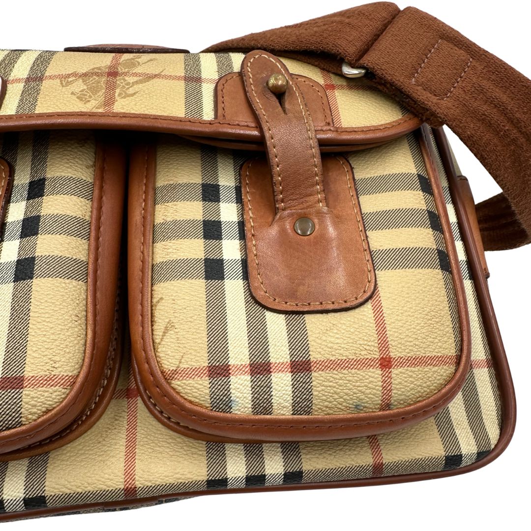 Cartella Burberry in canvas trama tartan con finiture in pelle marroni. Originale, usata, di lusso, in ottime condizioni.