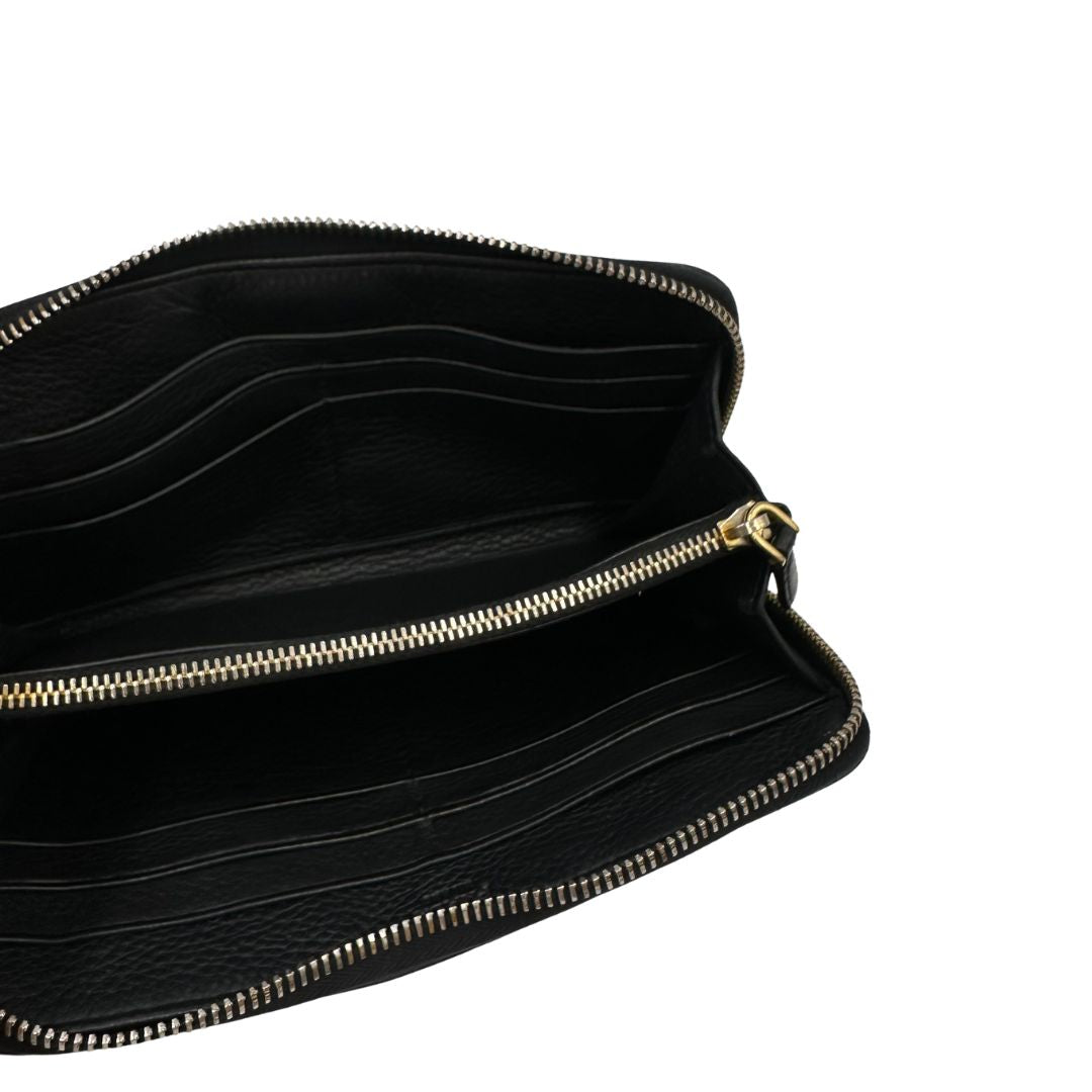 Portafoglio Prada in pelle nera e hardware dorato, di lusso, originale.