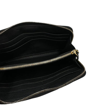 Portafoglio Prada in pelle nera e hardware dorato, di lusso, originale.