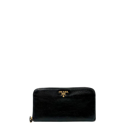 Portafoglio Prada in pelle nera e hardware dorato, di lusso, originale.