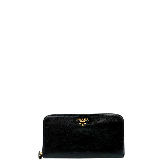 Portafoglio Prada in pelle nera e hardware dorato, di lusso, originale.