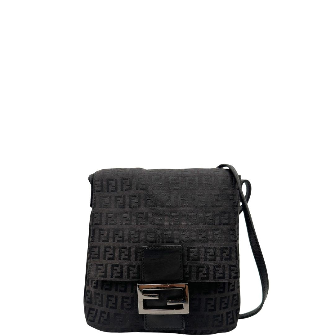front  Tracolla Fendi marrone trama Zucchino e finiture in pelle nera, di lusso, originale, ottime condizioni, usata. 