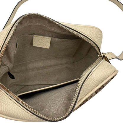 interno Camera Bag Gucci in tessuto GG con finiture in pelle color avorio, di lusso, originale, ottime condizioni, usata.