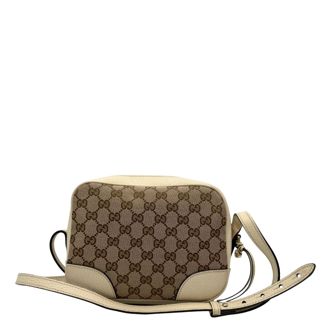 retro Camera Bag Gucci in tessuto GG con finiture in pelle color avorio, di lusso, originale, ottime condizioni, usata. 