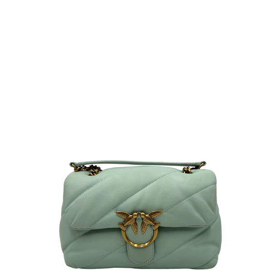  Borsa Pinko in pelle color Tiffany e hardware dorato, di lusso, originale, ottime condizioni, usata