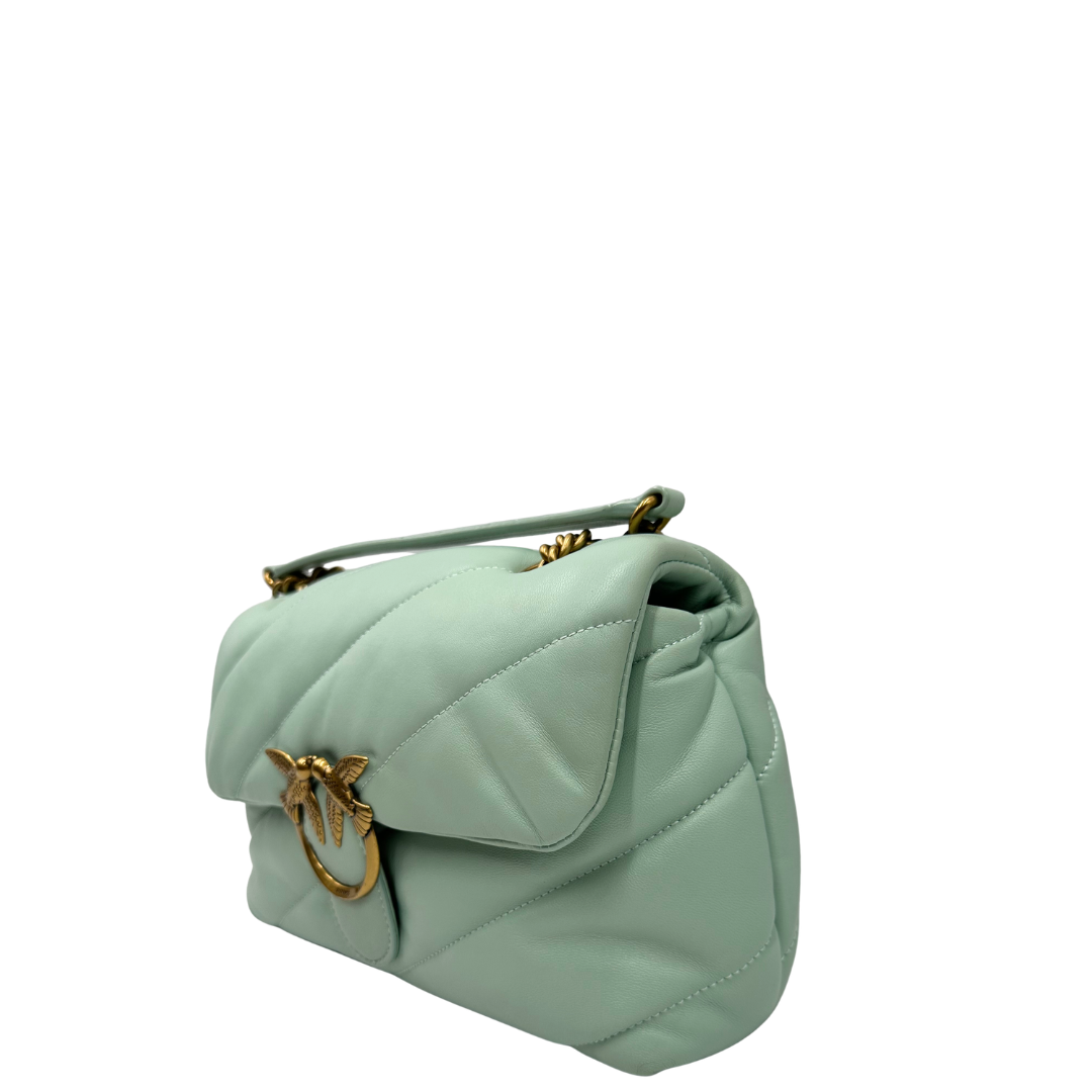 lato  Borsa Pinko in pelle color Tiffany e hardware dorato, di lusso, originale, ottime condizioni, usata