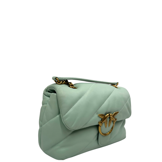 lato  Borsa Pinko in pelle color Tiffany e hardware dorato, di lusso, originale, ottime condizioni, usata 