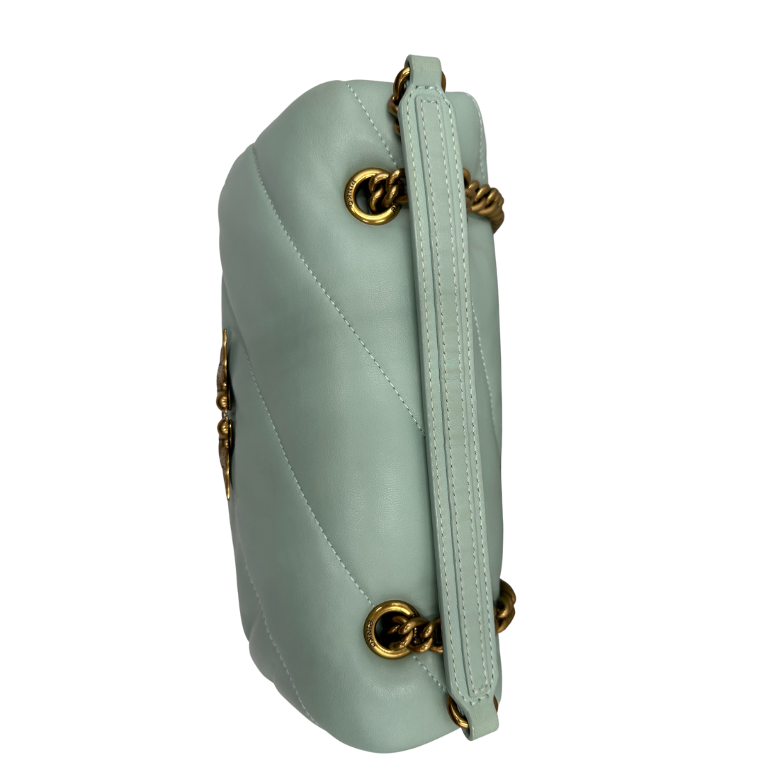 manico  Borsa Pinko in pelle color Tiffany e hardware dorato, di lusso, originale, ottime condizioni, usata 