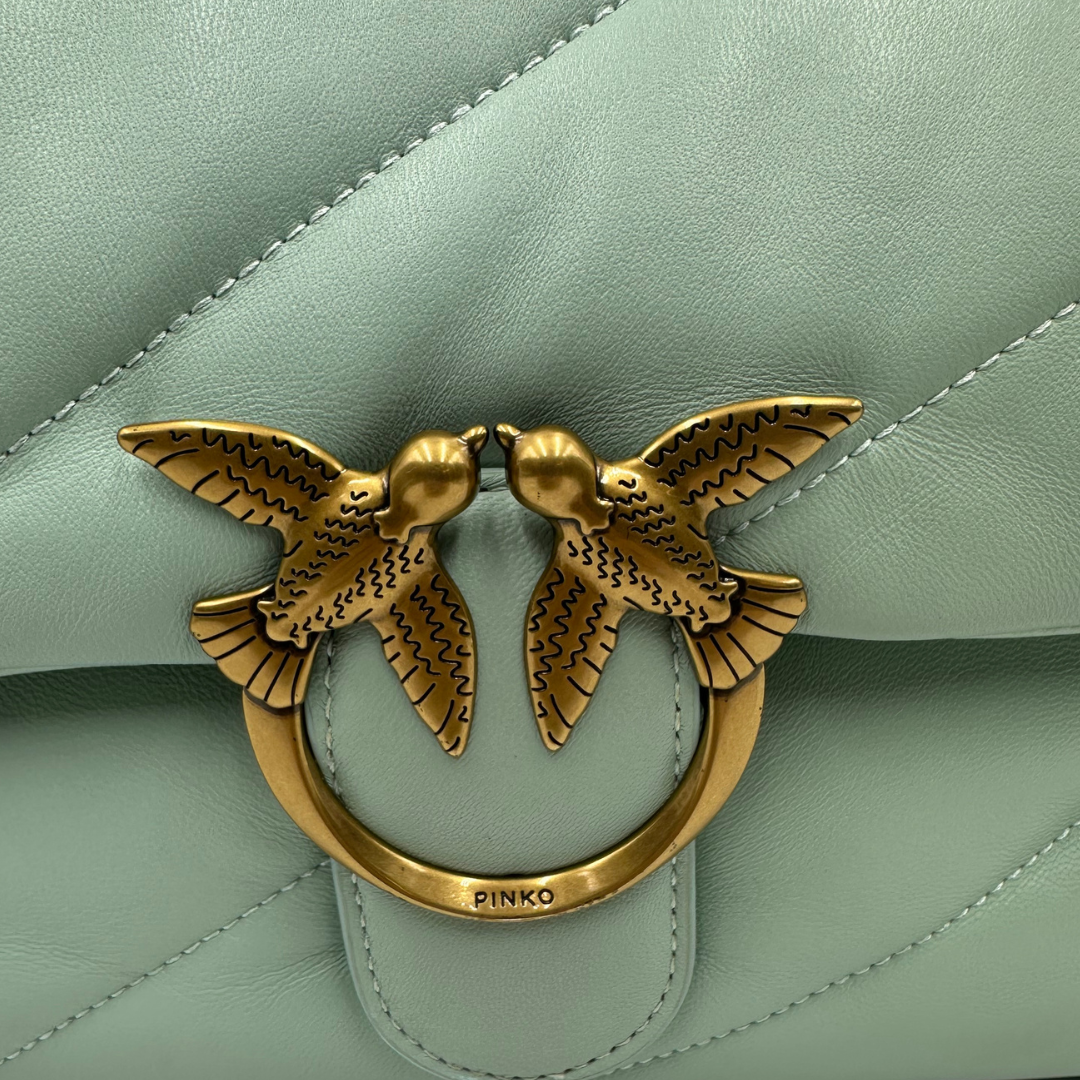 v Borsa Pinko in pelle color Tiffany e hardware dorato, di lusso, originale, ottime condizioni, usata