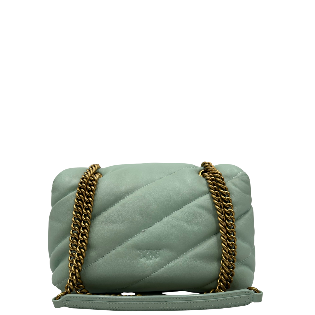 retro  Borsa Pinko in pelle color Tiffany e hardware dorato, di lusso, originale, ottime condizioni, usata 